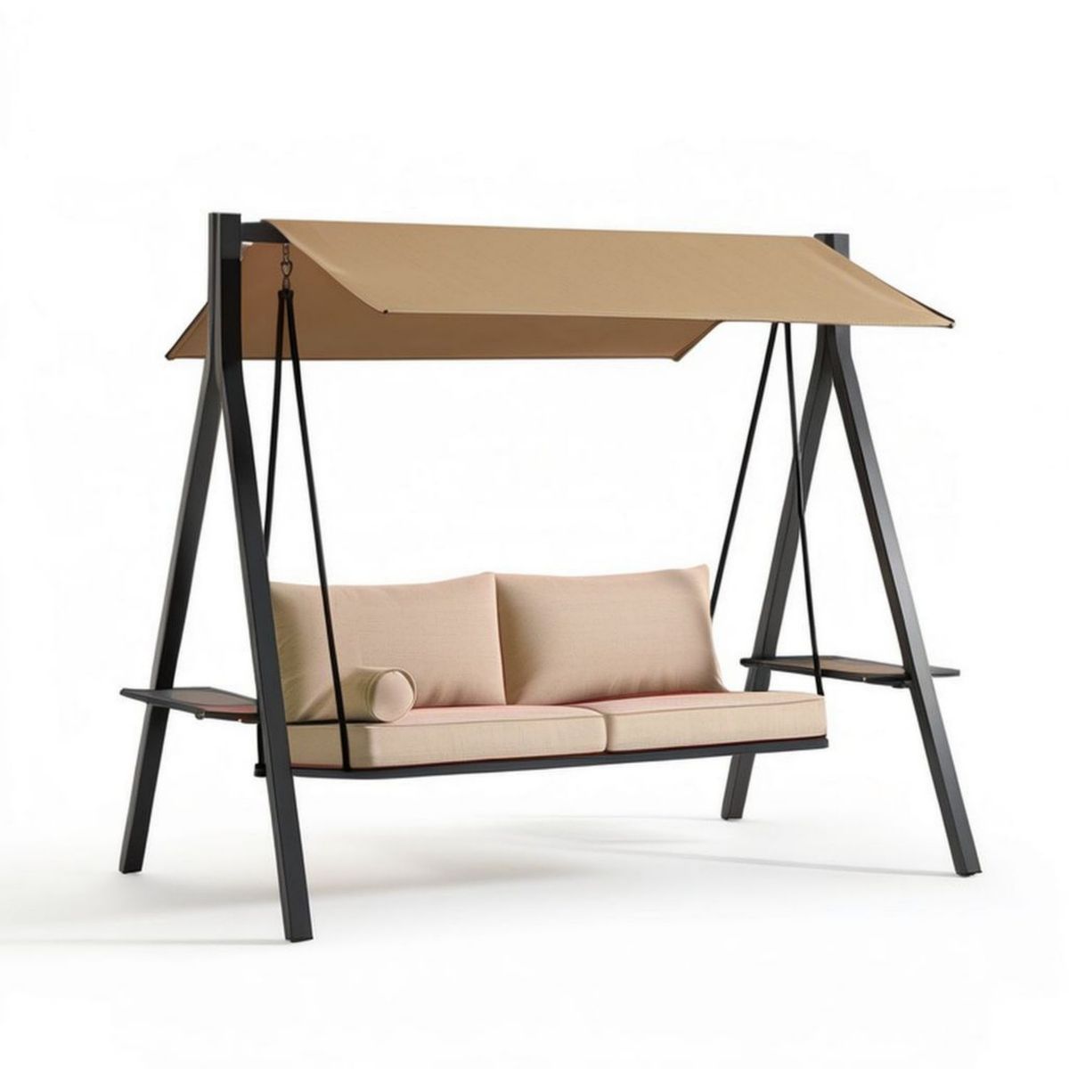 Hollywoodschaukel mit Sonnendach und seitlichen Ablagen, 240 × 130 × 200 cm, Beige/Schwarz