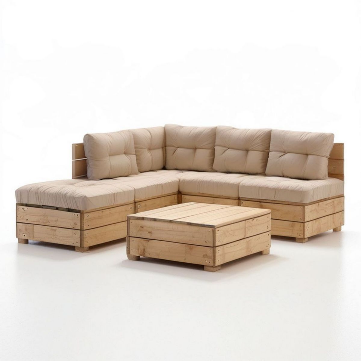 Garten-Ecklounge in L-Form 240 x 180 x 80 cm mit Tisch 80 x 60 x 35 cm, Natur/Beige, massives Kiefernholz