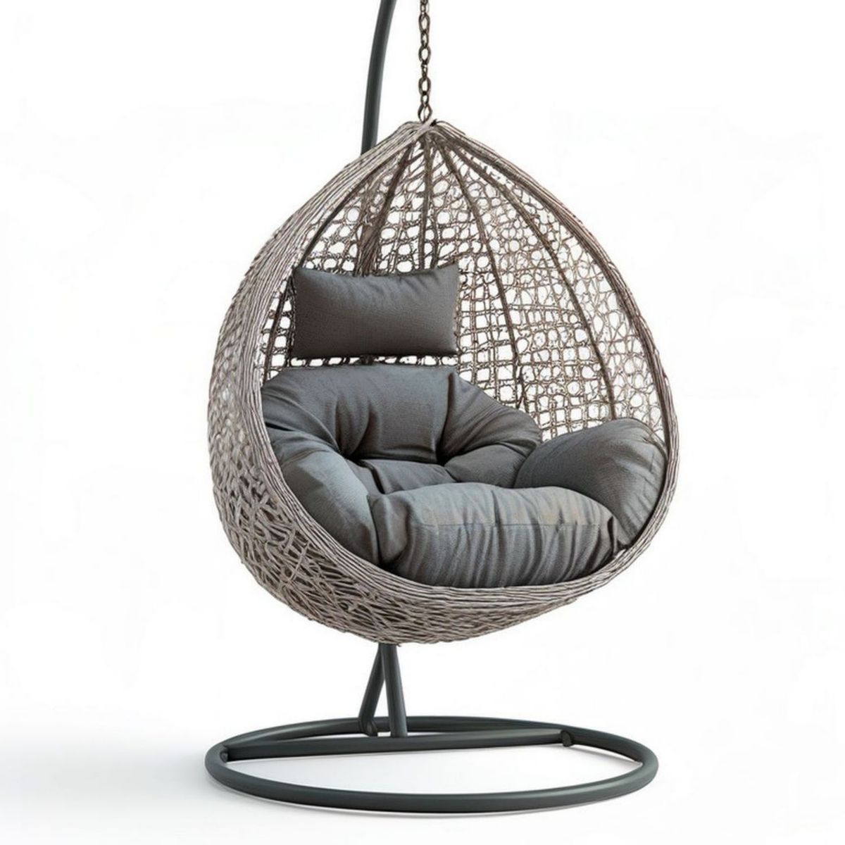 Hängesessel mit Gestell aus PE-Rattan und Stahl, Grau/Anthrazit, 95 x 95 x 195 cm