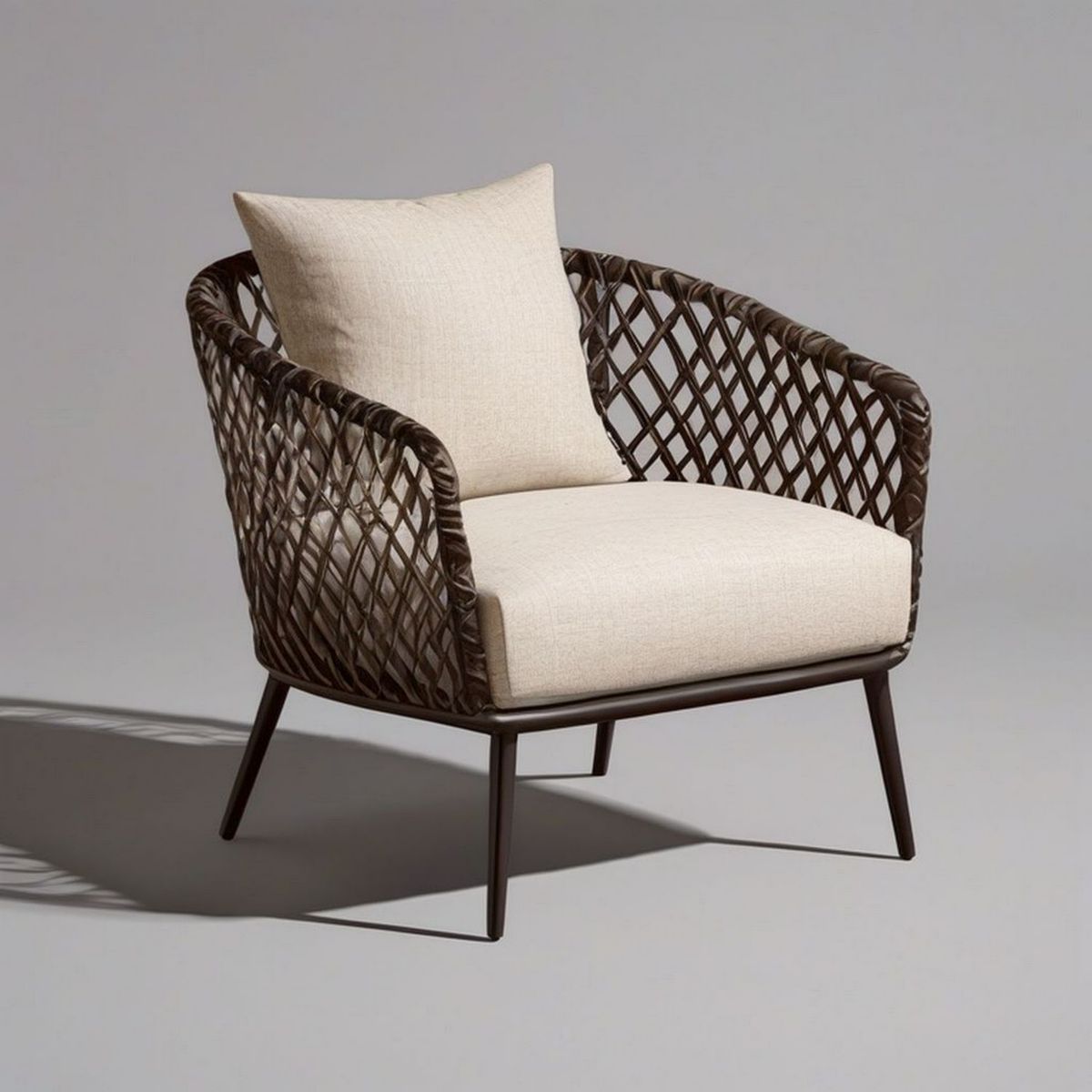Garten-Loungesessel 75 x 78 x 82 cm mit PE-Geflecht, Stahlgestell und Kissen, Dunkelbraun/Beige
