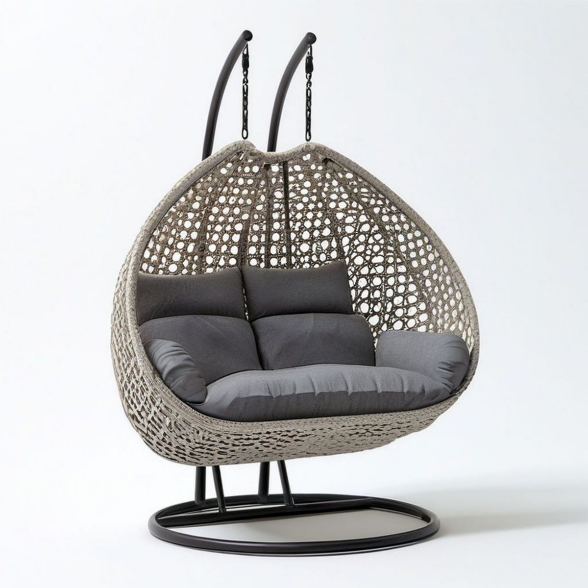 Doppel-Hängesessel mit Gestell, 145 x 75 x 170 cm, Beige/Grau/Schwarz