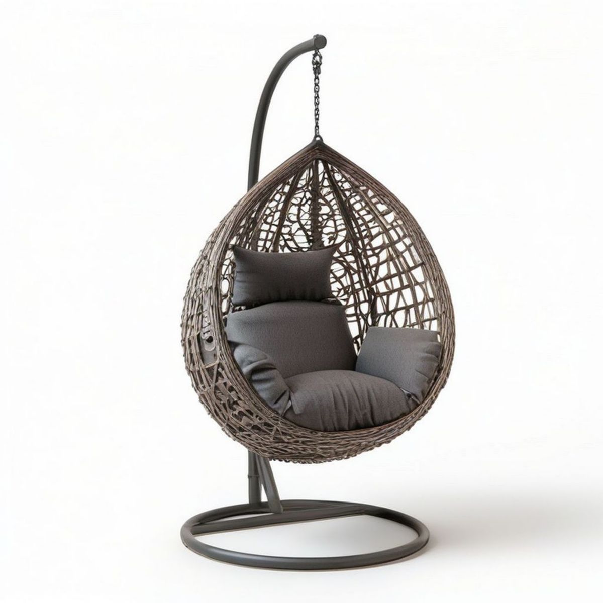 Eiförmiger Hängesessel mit Gestell, 105 x 105 x 195 cm, Braun/Dunkelgrau, PE-Rattan und Stahl