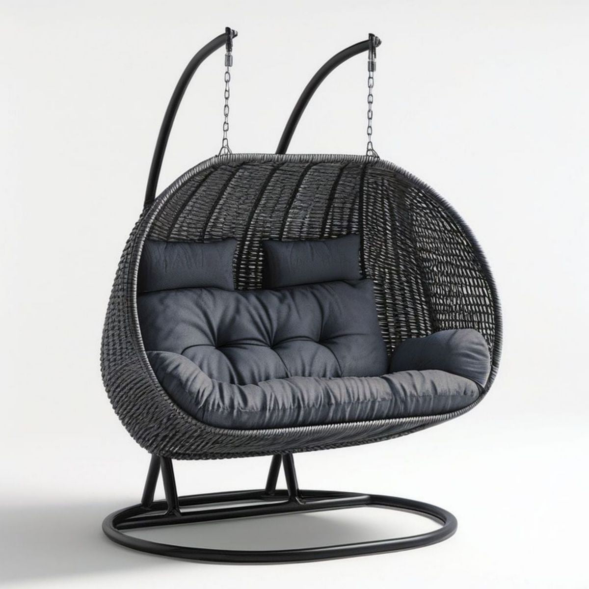 Doppel-Hängesessel mit Gestell, 180 x 120 x 200 cm, Schwarz, ovales PE-Rattan und Stahl