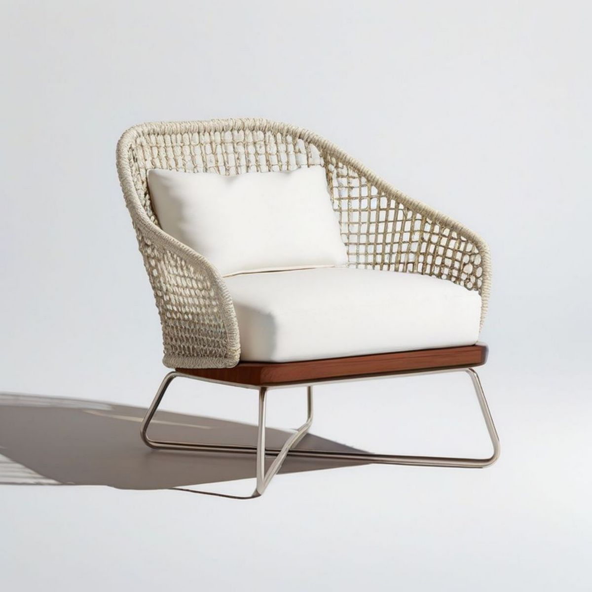 Loungesessel mit Armlehnen, 78 x 78 x 78 cm, Creme/Braun/Silber, Akazienholz, Polypropylenseil und Edelstahl