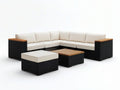 6-teiliges Ecklounge-Set in L-Form, Schwarz/Creme/Naturbraun, 250 × 250 × 65 cm