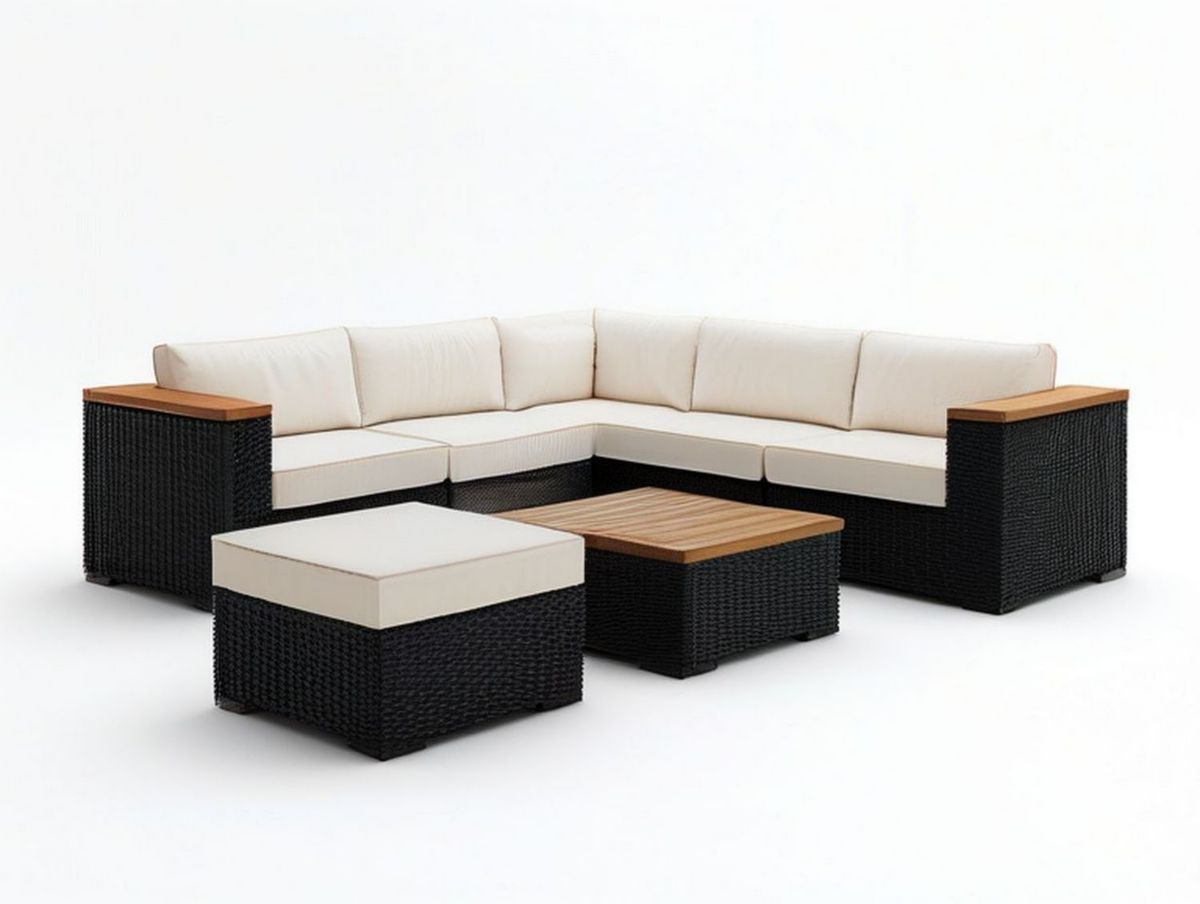 6-teiliges Ecklounge-Set in L-Form, Schwarz/Creme/Naturbraun, 250 × 250 × 65 cm