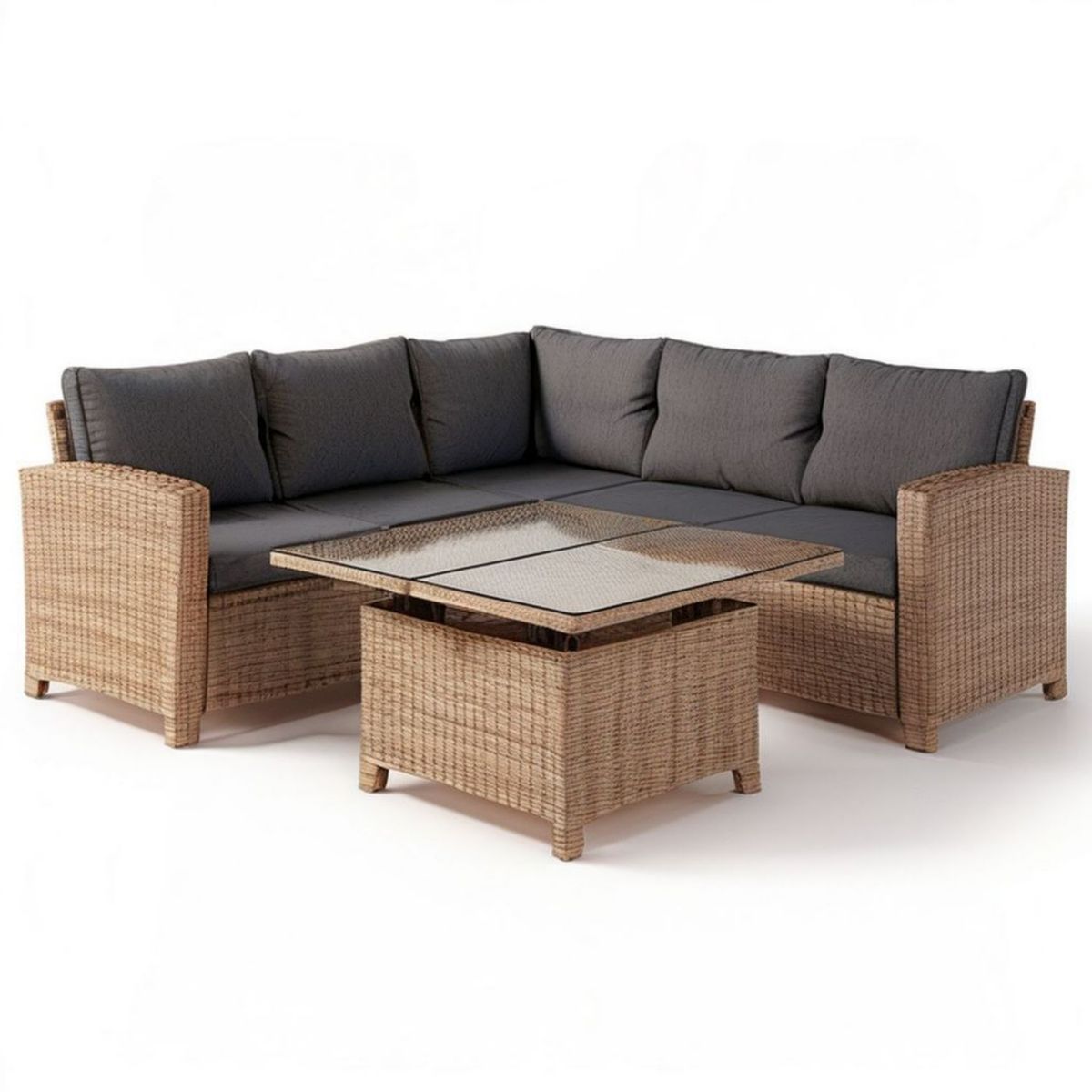 Gartenlounge-Ecksofa mit Tisch, 210 x 210 cm, Naturbraun/Dunkelgrau