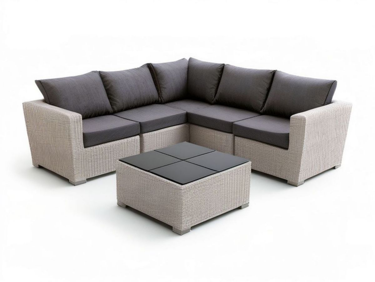 6-teiliges Garten-Loungeset in Beige/Anthrazit, Eckmass 230 × 230 cm mit Glastisch