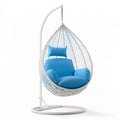 Eiförmiger Hängesessel mit Gestell, 105 x 105 x 195 cm, Weiss/Blau, PE-Rattan und Stahl